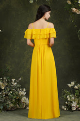 Off-the-Shoulder Bridesmaid Dress Ruffles With Slit-27dress